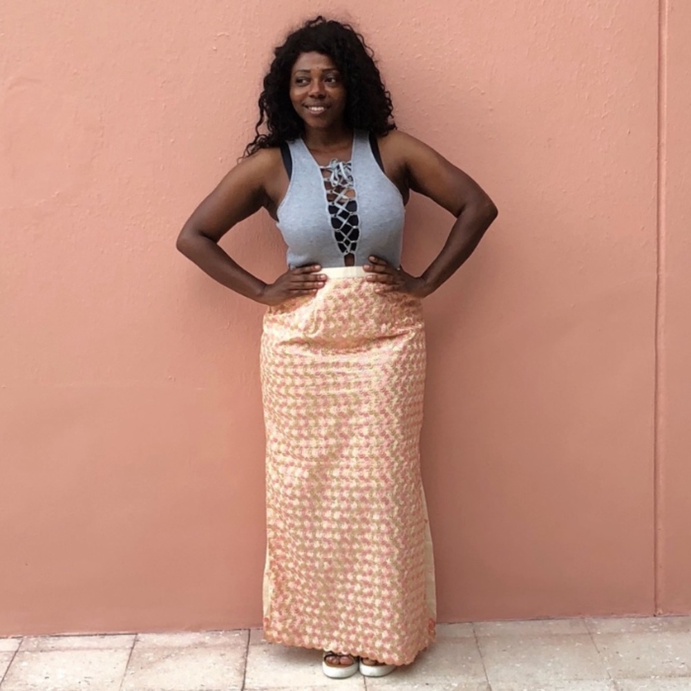 Vintage Embroidery Pink Gold Maxi Skirt Pleat Vent